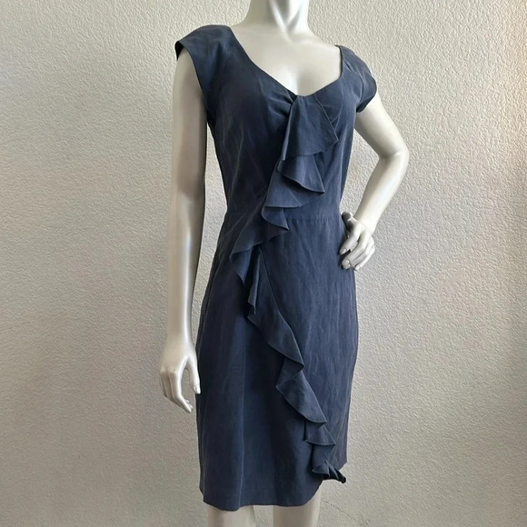 Rebecca Taylor Mason Blue Cap Sleeve Ruffle Linen Sheath Dress NWT Sz.6 - Picture 1 of 8